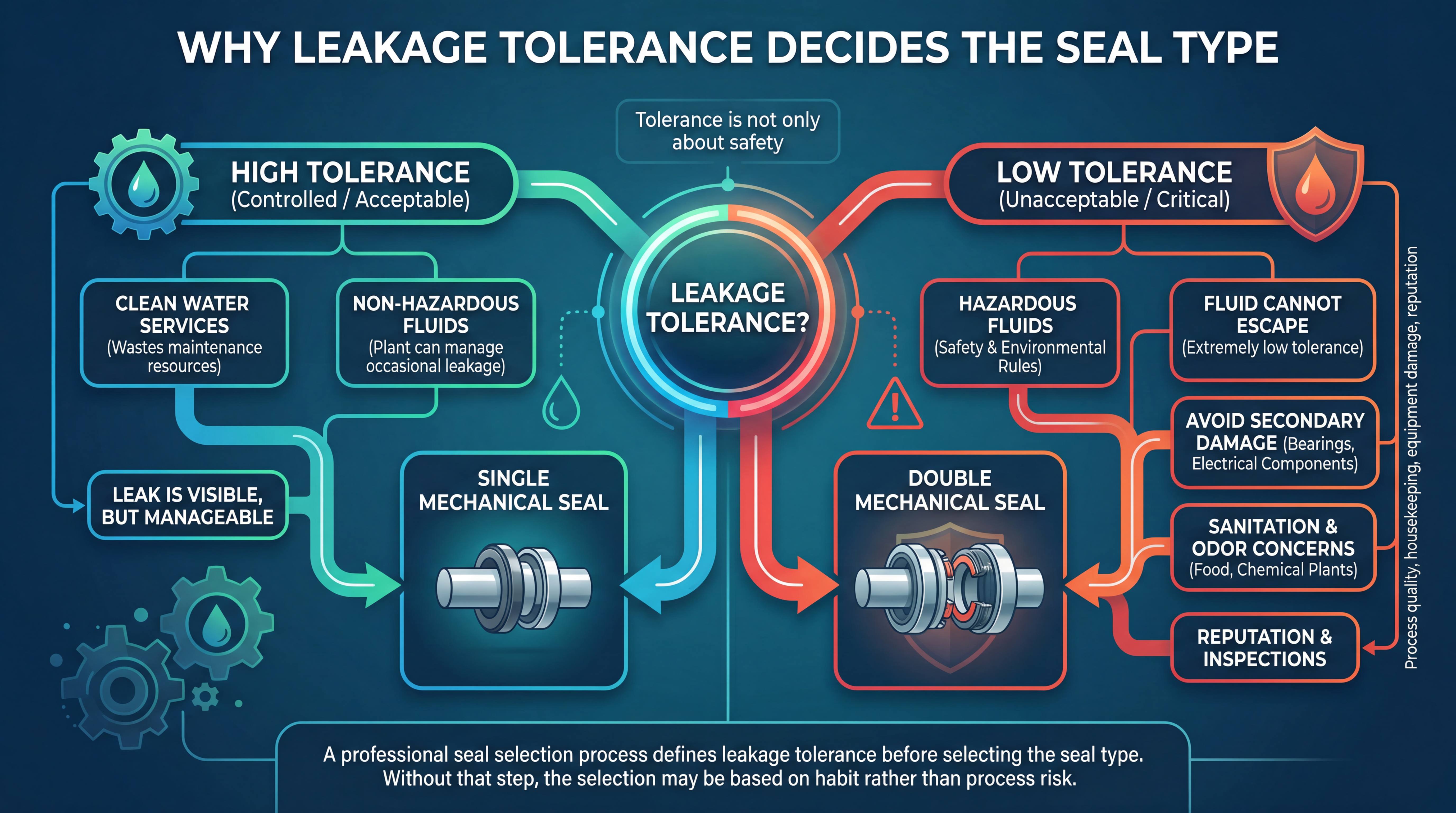 Leakage tolerance decision diagram comparing single mechanical seal for manageable leakage and double mechanical seal for hazardous or critical fluids